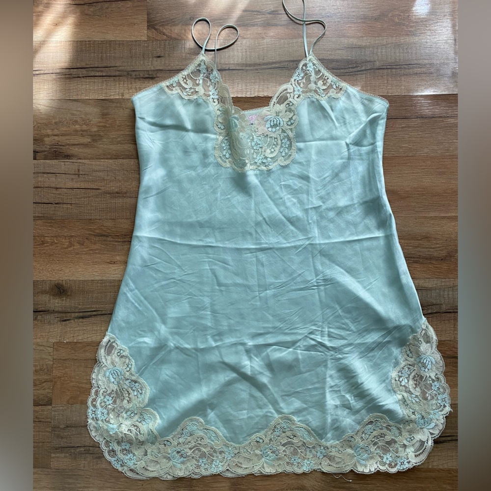 Vintage La Mouette Blue Silk and Lace Slip Dress